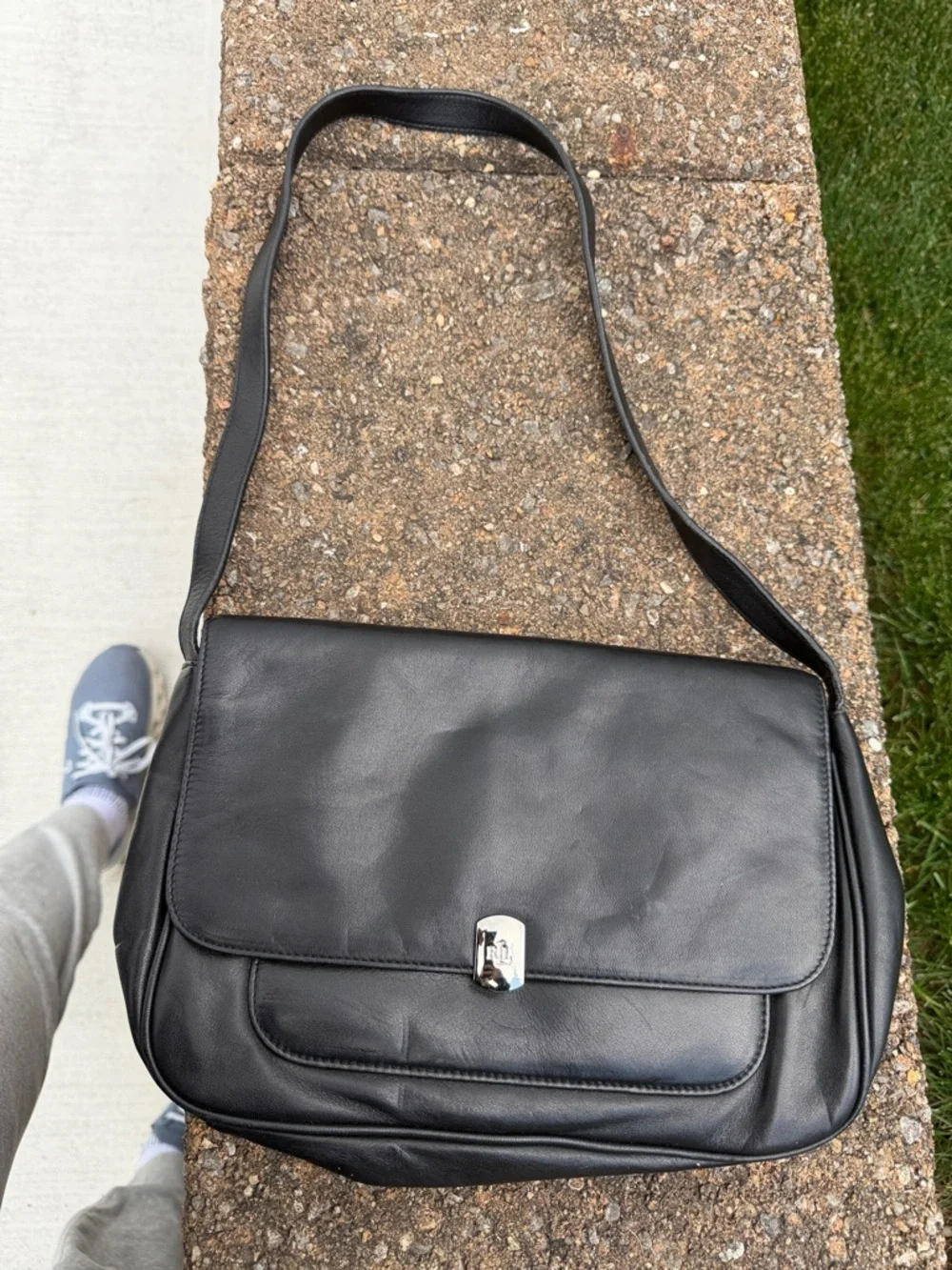 Lauren Ralph Lauren Black Leather Messenger Bag with Silver Hardware